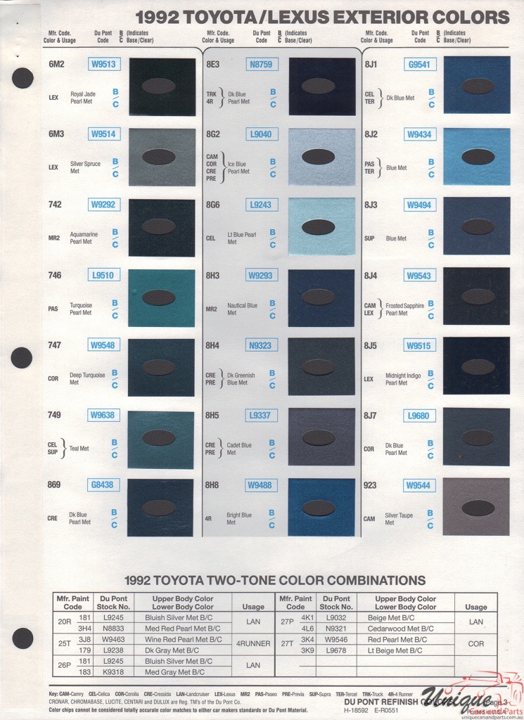 1992 Toyota Paint Charts DuPont 3